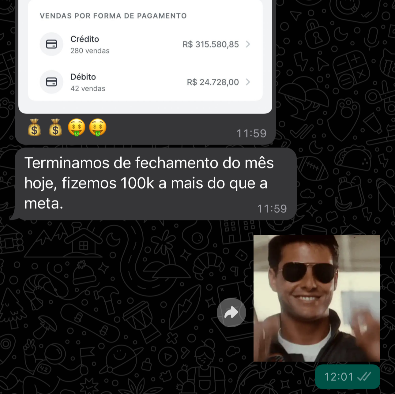 Relato de fechamento R$ 100 mil acima da meta
